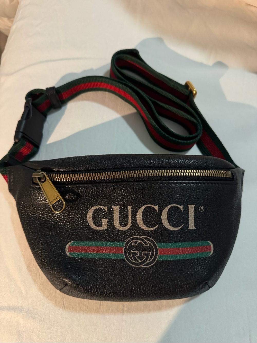 Gucci Black Leather Logo Web Stripe Belt Bag